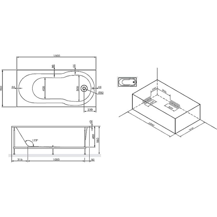 W88A-150-070W-A X-Joy, ванна акриловая A0 150x70 см, шт