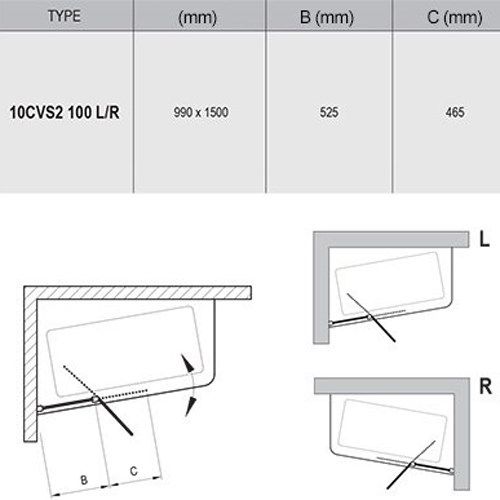 Шторка на ванну Ravak 10° CVS2-100 100х150 L 7QLA0C03Z1 профиль Хром стекло Transparent