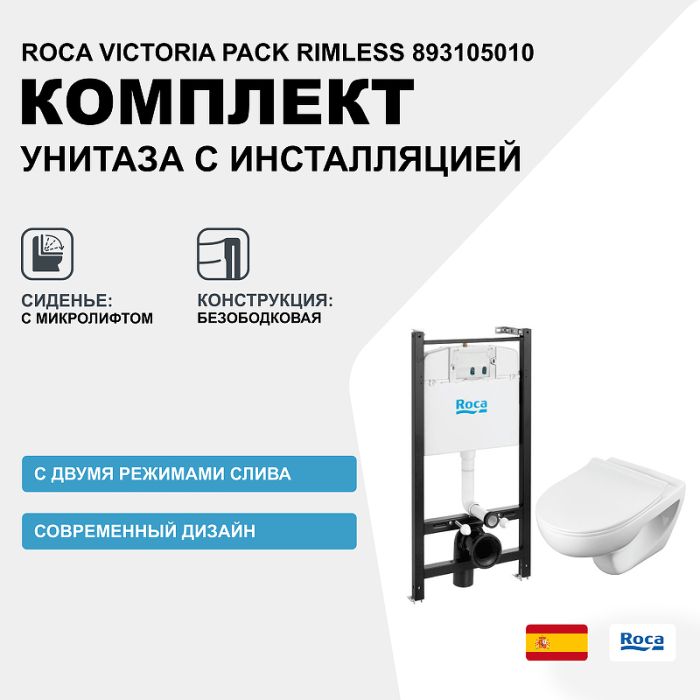 ПЭК Roca Victoria Pack 893105010 подвесной унитаз Rimless + инсталляция + Slim сиденье дюропласт