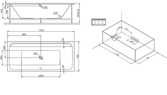 W52A-170-075W-R Inspire V2.0 каркас для ванны, 170х75 , комплект