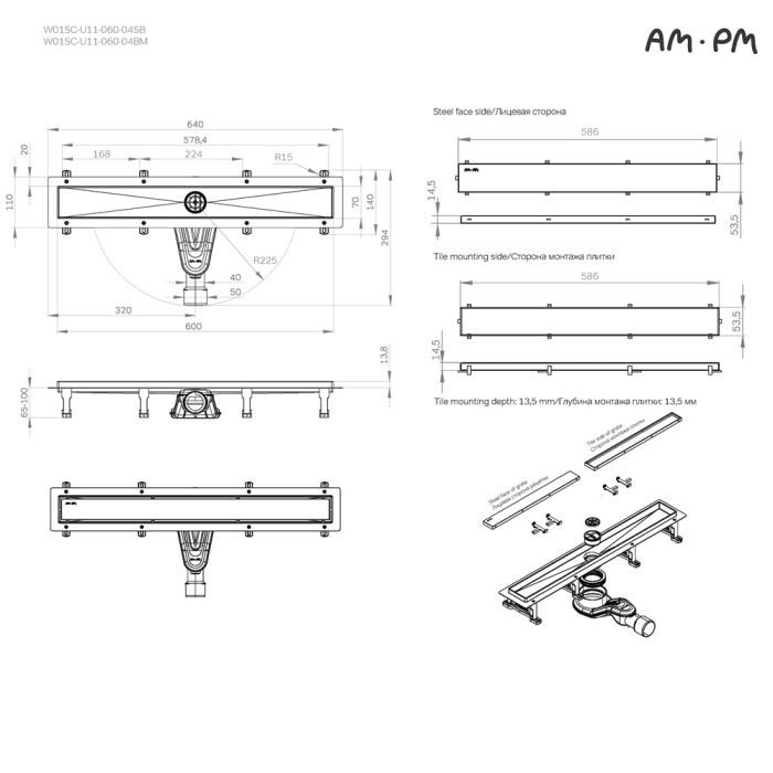 W01SC-U11-060-04BM MasterFlow Трап для душа линейный универс затвор Tile 60см цвет черн мат