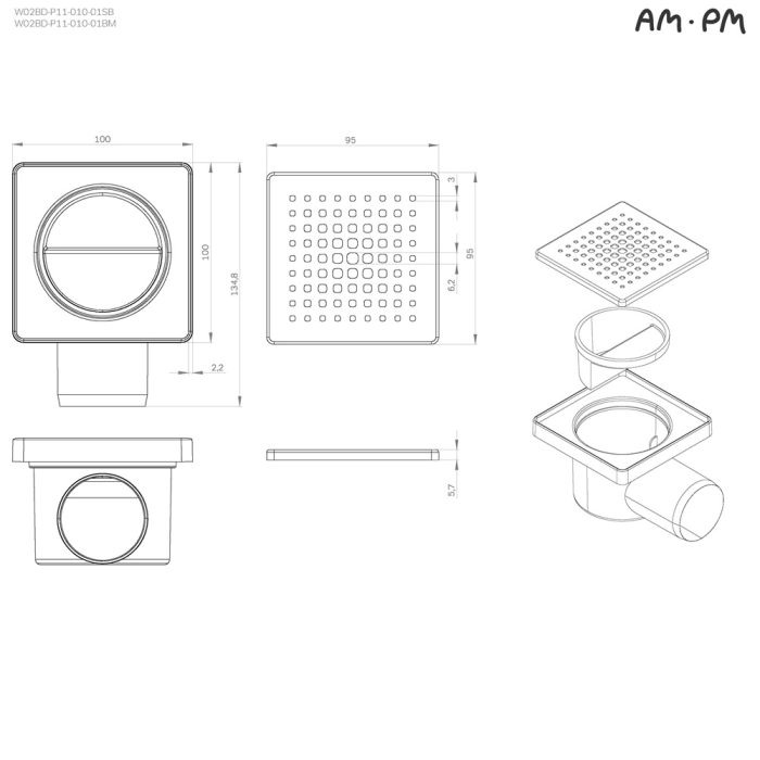 W02BD-P11-010-01BM PrimeFlow Трап для душа точечный мокрый затвор Cut Gradient 10см цвет черн мат