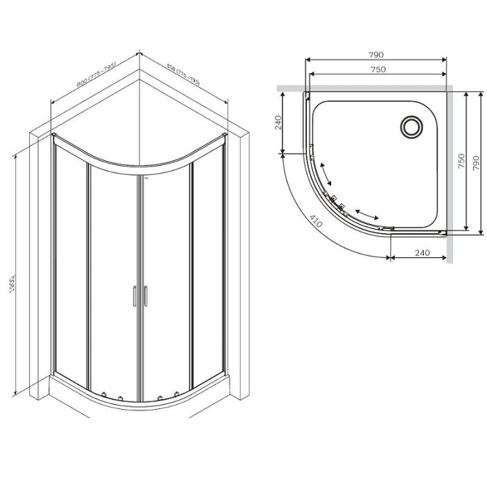 W90G-401-080BT Душевое ограждение Gem 1/4 Rond 80x80 стекло прозрачное, профиль черный матовый, без