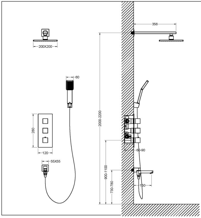 Душевая система встроенная с термостатом Timo Tetra-thermo черный (SX-0199/03SM)