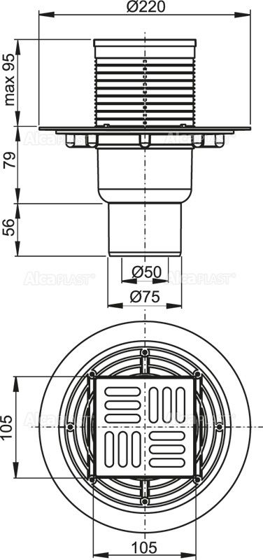 Сливной трап 105 ? 105/50, решетка латунь – хром, гидрозатвор – мокрый, арт.APV201