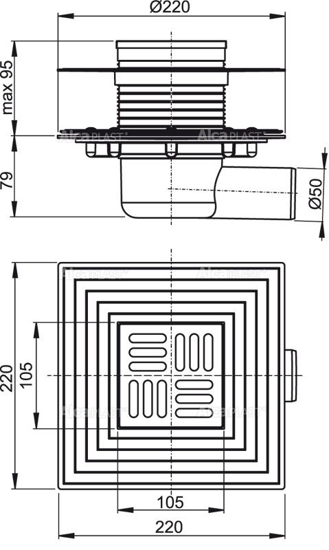 Сливной трап 105 ? 105/50, подводка – боковая, решетка – нерж, арт. APV1324