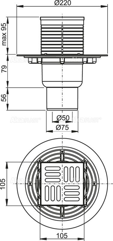 Сливной трап 105 ? 105/50/75, подводка – прямая, решетка – нерж.сталь, комбинир. затвор, арт.APV2321