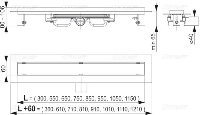 Professional Low - Водоотводящий желоб с порогами для цельной решетки, арт. APZ106-550