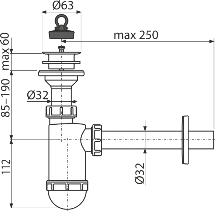 Сифон для умывальника ?32 с пластмассовой peшeткой ?63, арт. A420