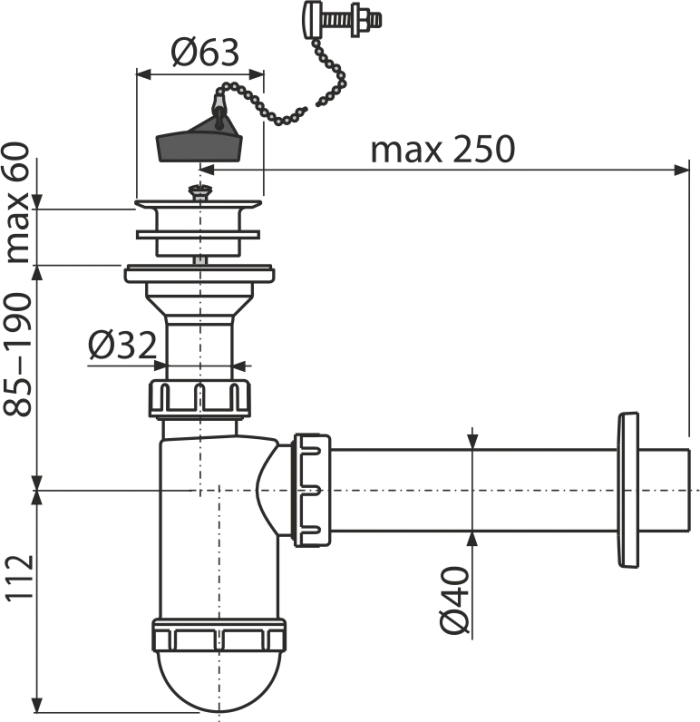 Сифон для умывальника ?40 с пластмассовой peшeткой ?63, с цепочкой, арт. A42R
