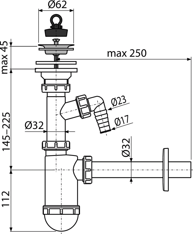 Сифон для умывальника ?32 с подводкой и нержавеющей peшeткой ?63, арт. A410P