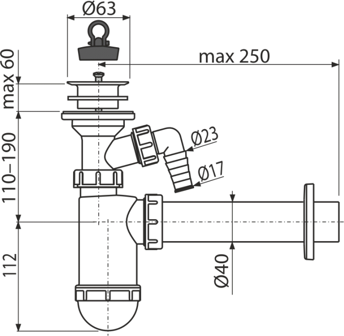 Сифон для умывальника ?40 с подводкой и пластмассовой peшeткой ?63, арт. A42P