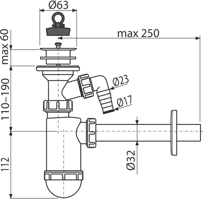 Сифон для умывальника DN32 со штуцером и пластмассовой peшeткой DN63