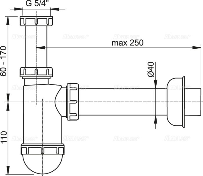 Сифон для умывальника ?40 c накидной гайкой 5/4", арт. A43