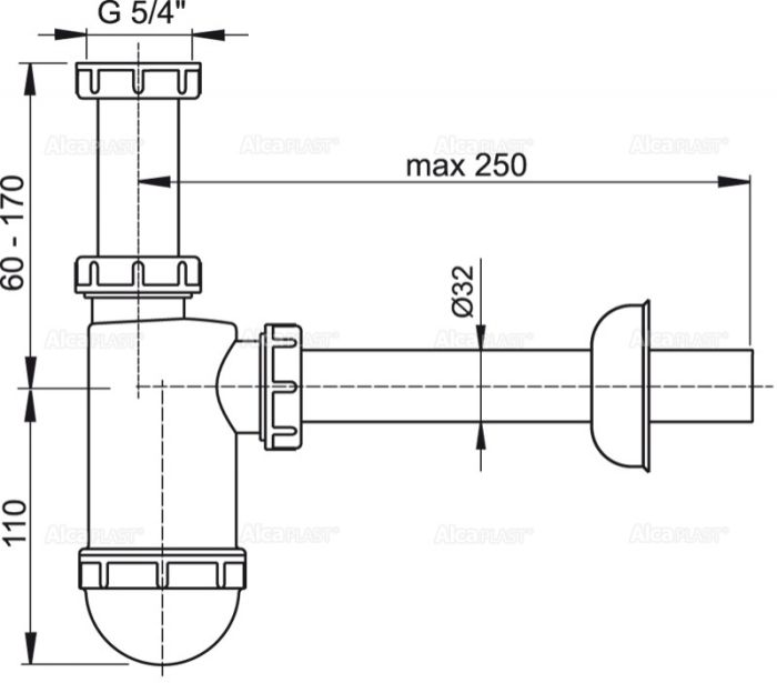 Сифон для умывальника ?32 c накидной гайкой 5/4", арт. A430