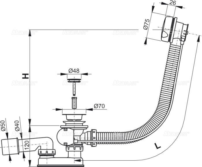 Сифон для ванны автомат комплект белый (100 cm), арт. A51B-100