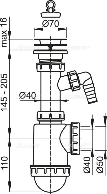 Сифон для мойки с нержавеющей решеткой ?70 и подводкой, арт. A441P-DN50/40