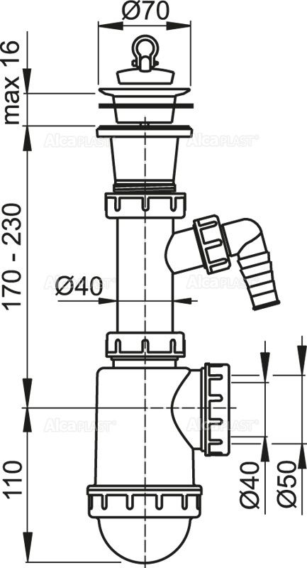 Cифон для мойки c пластмассовой решеткой ?70 и подводкой, арт. A442P-DN50/40