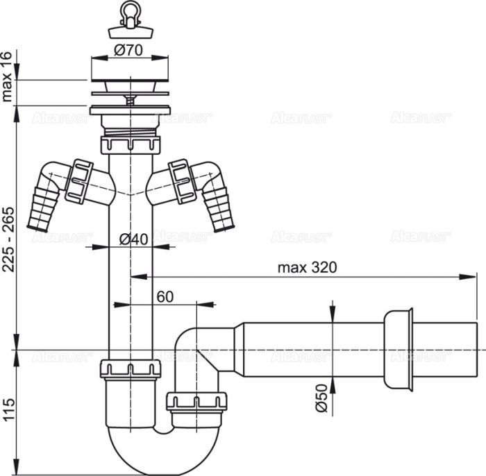 Сифон трубчатый с нержавеющей peшeткой DN70 и двумя штуцерами,A820-DN50