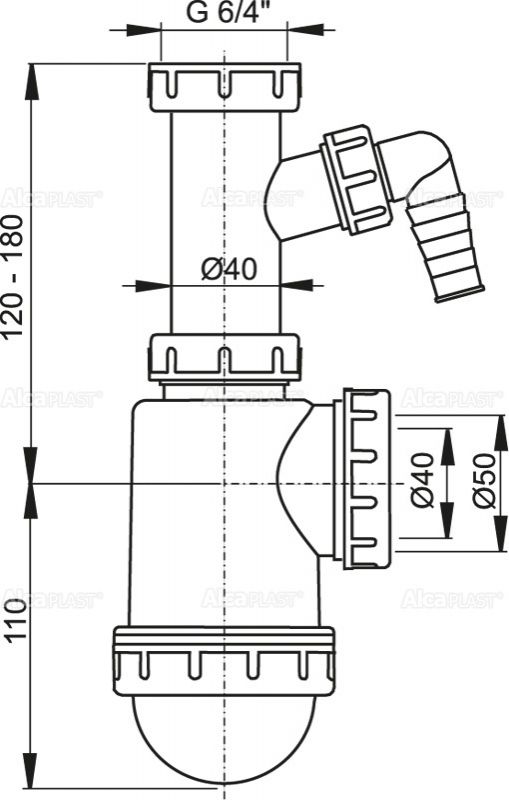 Сифон для мойки с накидной гайкой 6/4" и подводкой, арт. A443P-DN50/40