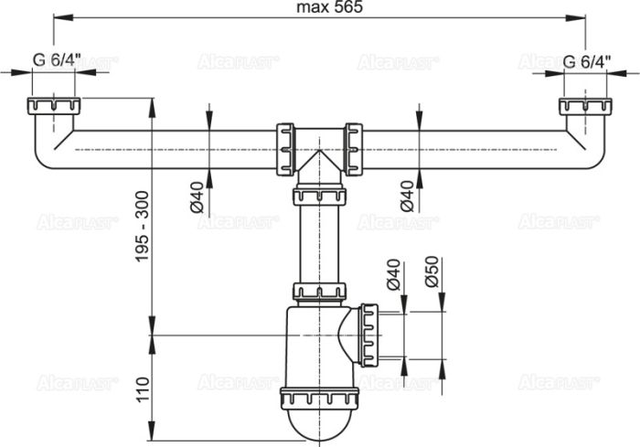 Сифон для сдвоенной мойки с накидными гайками 6/4", арт. A448-DN50/40