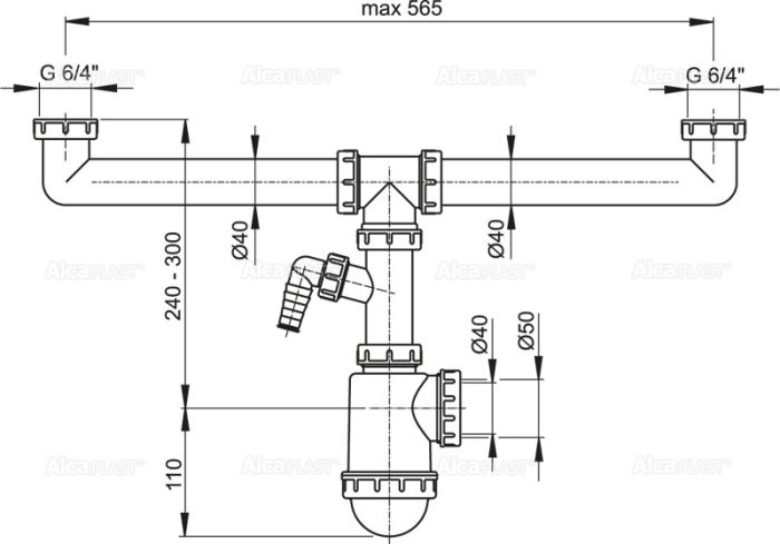 Сифон для сдвоенной мойки с накидными гайками 6/4" и подводкой, арт. A448P-DN50/40