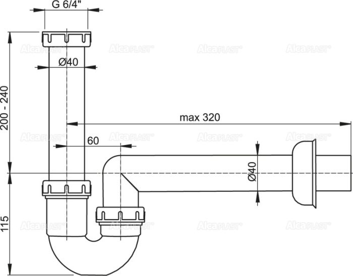 Сифон трубчатый с накидной гайкой 6/4", арт. A80-DN40