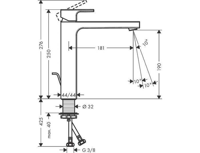 Смеситель для раковины 190, со сливной гарнитурой Vernis Shape Hansgrohe 71562670, матовый черный