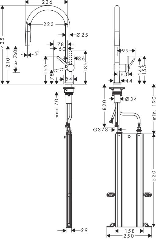 Кухонный смеситель однорычажный, 210, с вытяжным душем, 2jet, sBox Hansgrohe 72801800, под сталь