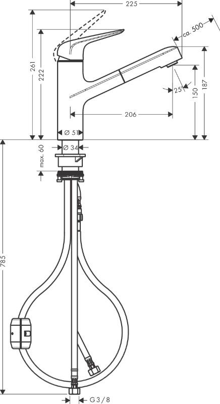 Кухонный смеситель Hansgrohe Focus M42, однорычажный с вытяжным изливом 71814000, хром