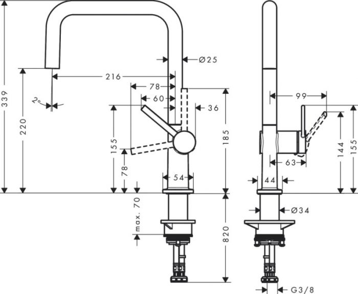 Кухонный смеситель однорычажный, U 220, 1jet Hansgrohe 72806670, матовый черный