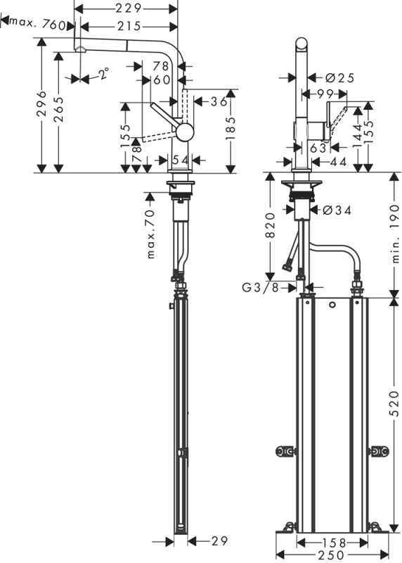 Кухонный смеситель однорычажный 270 с вытяжным изливом 1 jet Hansgrohe Talis M54 Sbox 72809000