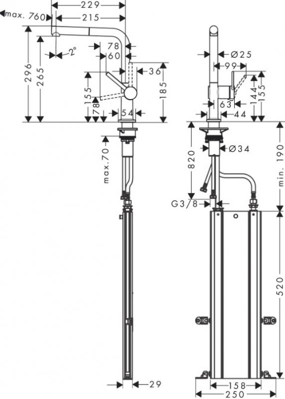 Кухонный смеситель однорычажный, 270, с вытяжным изливом, 1jet, sBox Hansgrohe 72809800, под сталь