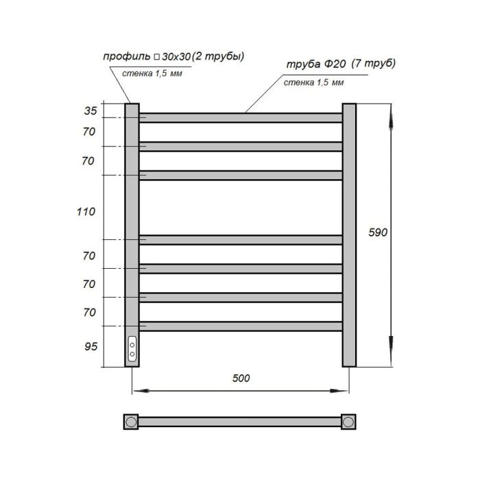 Электрический полотенцесушитель Point Веста PN70756B П7 500x590 диммер слева Черный