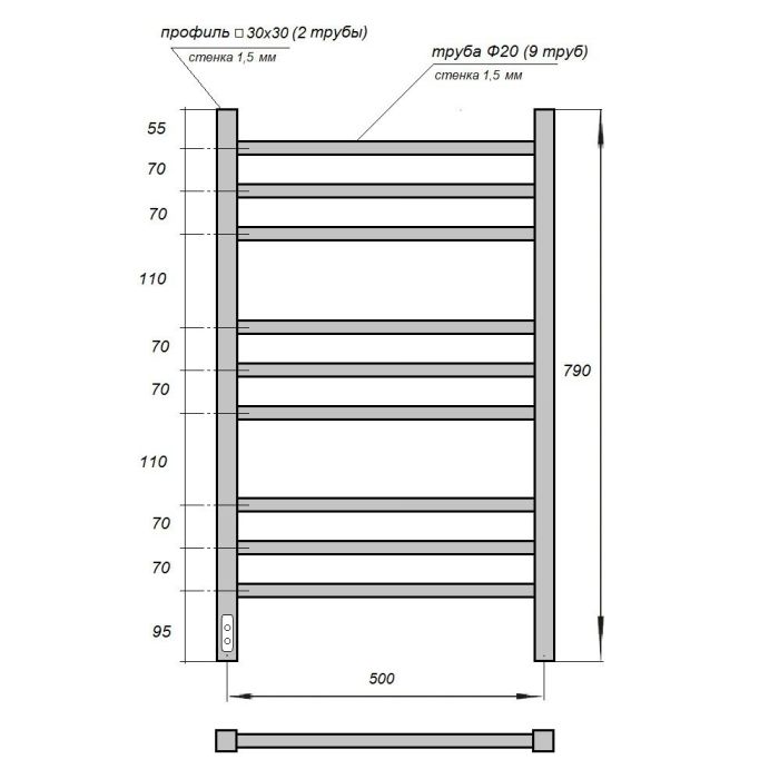 Электрический полотенцесушитель Point Веста PN70758B П9 500x790 диммер слева Черный