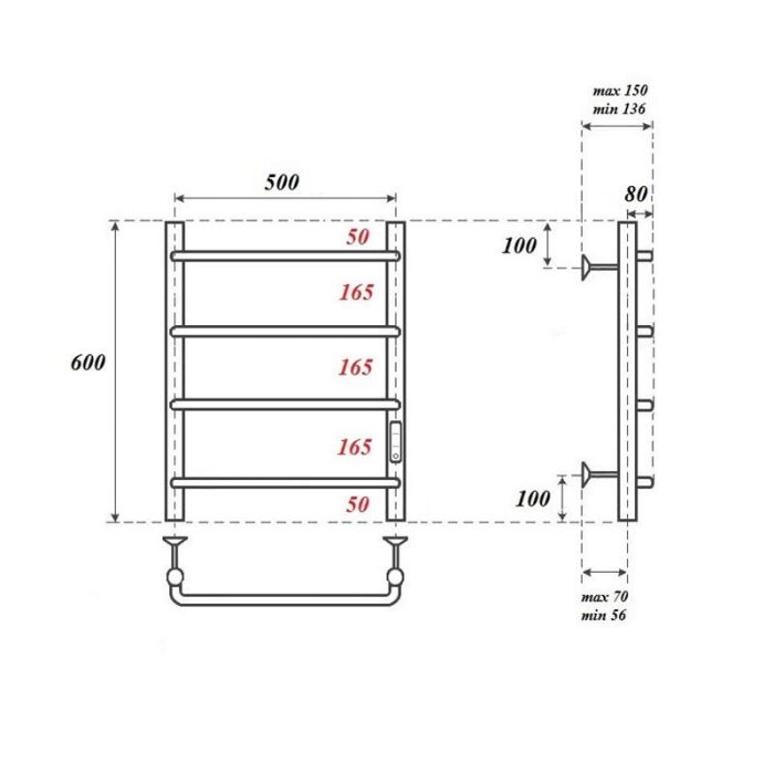 Электрический полотенцесушитель Point Ника PN08856 П4 500x600 диммер справа Хром