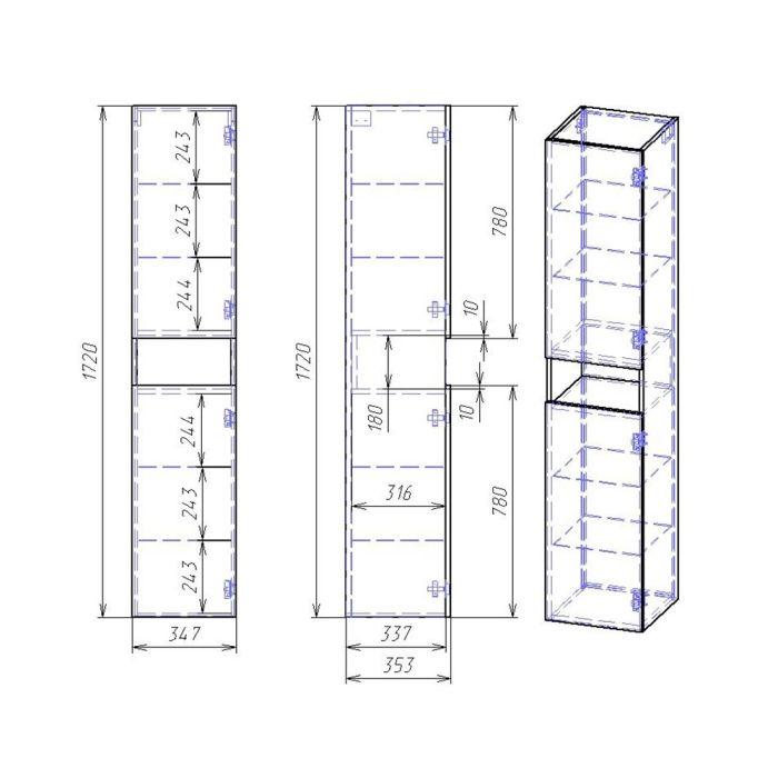 Пенал Dreja  PERFECTO, 35 см, подвесной/напольный, универсальный, 2 дверцы, push-to-open, 4 стеклянные полки, белый глянец