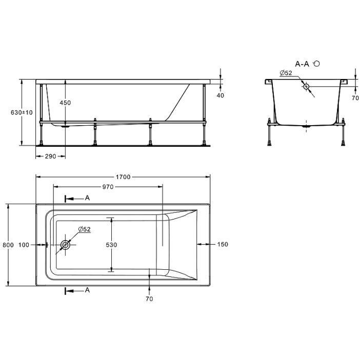 Ванна акриловая ванна прямоугольная ROCA EASY 1700x800 мм, белый ZRU9307624