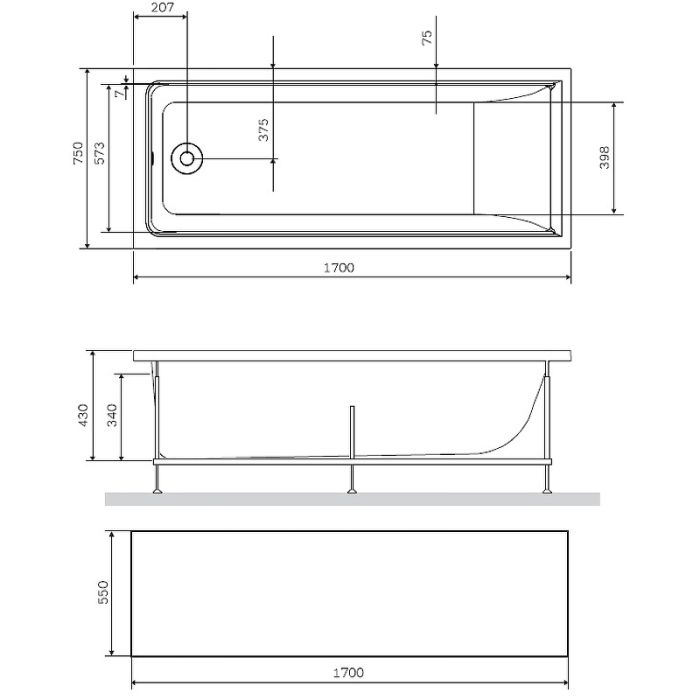 W90A-170-070W-P1 Gem, панель фронтальная для ванны А1 170х70см