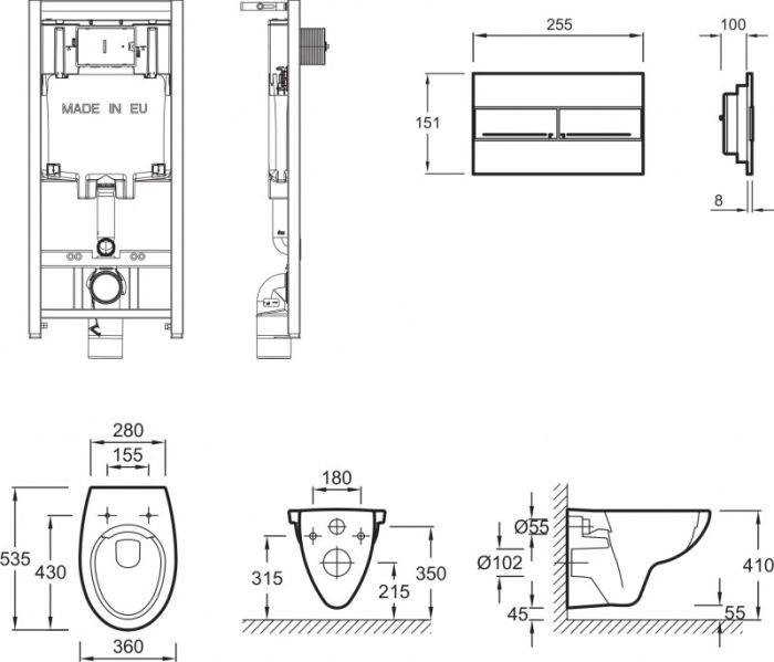 Унитаз c инсталляцией Jacob Delafon Patio E21740RU-00 rimless сиденье тонкое микролифт, клавиша хром