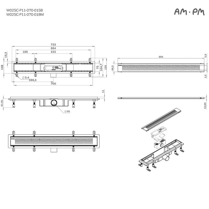 W02SC-P11-070-01BM PrimeFlow Трап для душа линейный универс затвор Cut Gradient 70см цвет черн мат