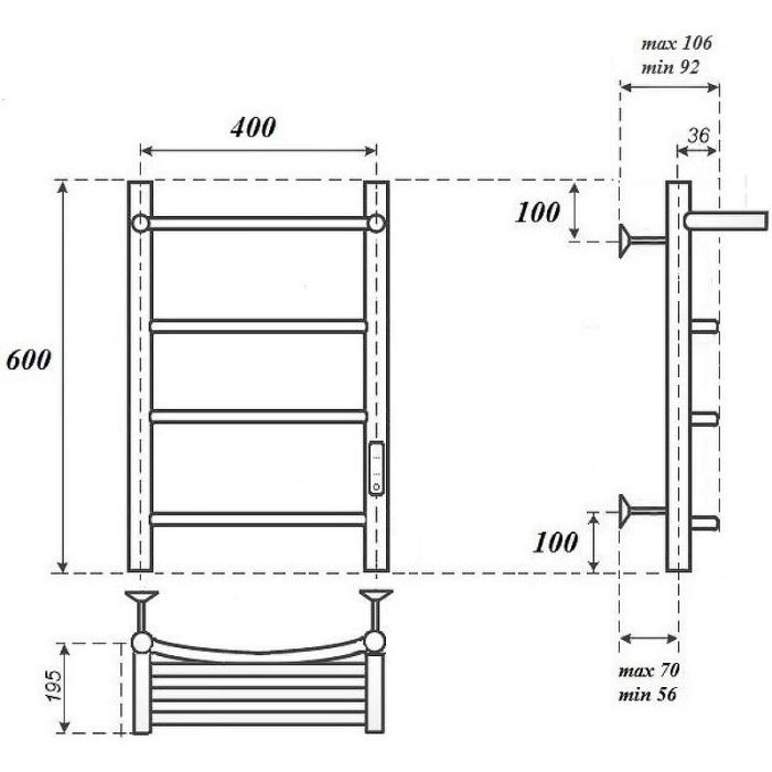 Электрический полотенцесушитель Point Афина PN04846P П3 400x600 с полкой, диммер справа Хром