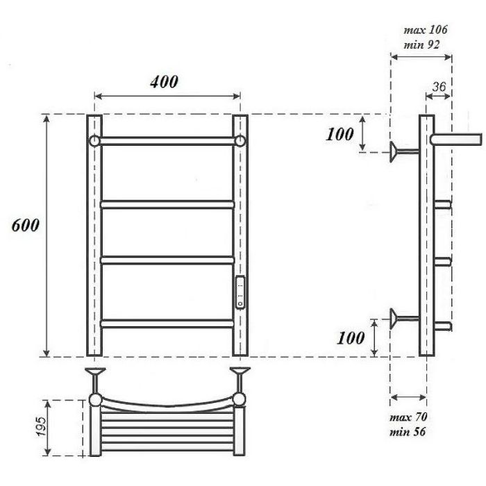 Электрический полотенцесушитель Point Афина PN04846PB П3 400x600 с полкой, диммер справа Черный