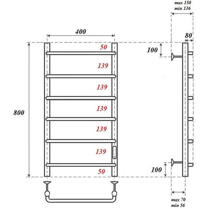 Электрический полотенцесушитель Point Ника PN08848W П6 400x800 диммер справа Белый