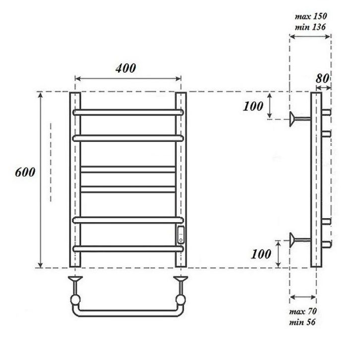 Электрический полотенцесушитель Point Сатурн PN90846B П6 400x600 диммер справа Черный