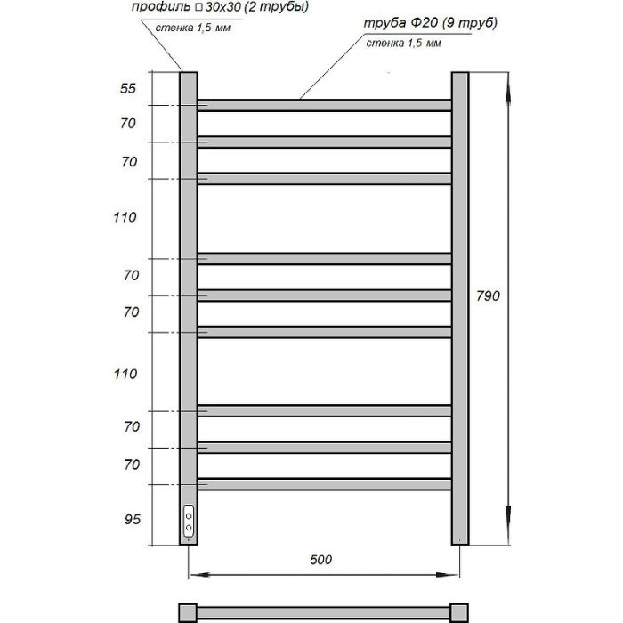 Электрический полотенцесушитель Point Веста PN70758BR П9 500x800 диммер слева Бронза