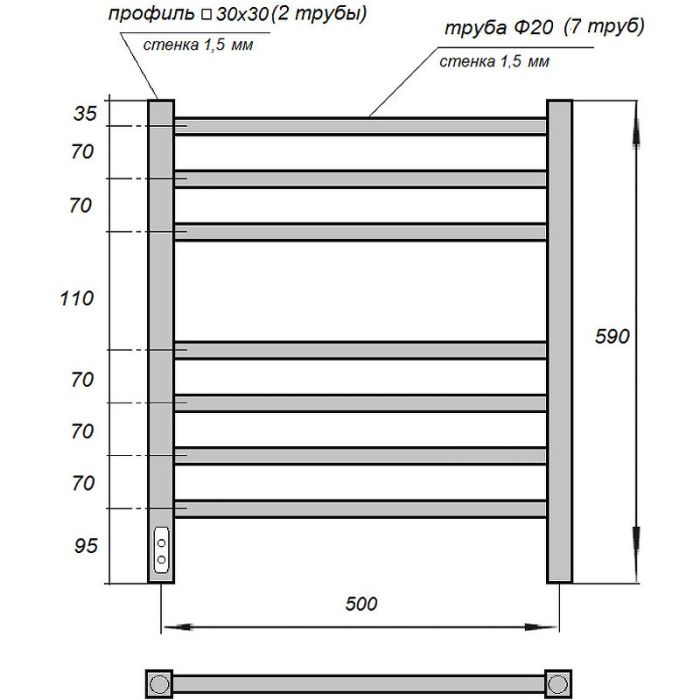 Электрический полотенцесушитель Point Веста PN70756BR П7 500x600 диммер слева Бронза