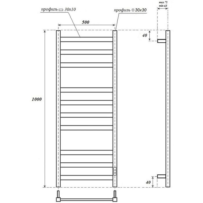 Электрический полотенцесушитель Point Меркурий PN83850B П10 500x1000 диммер справа Черный