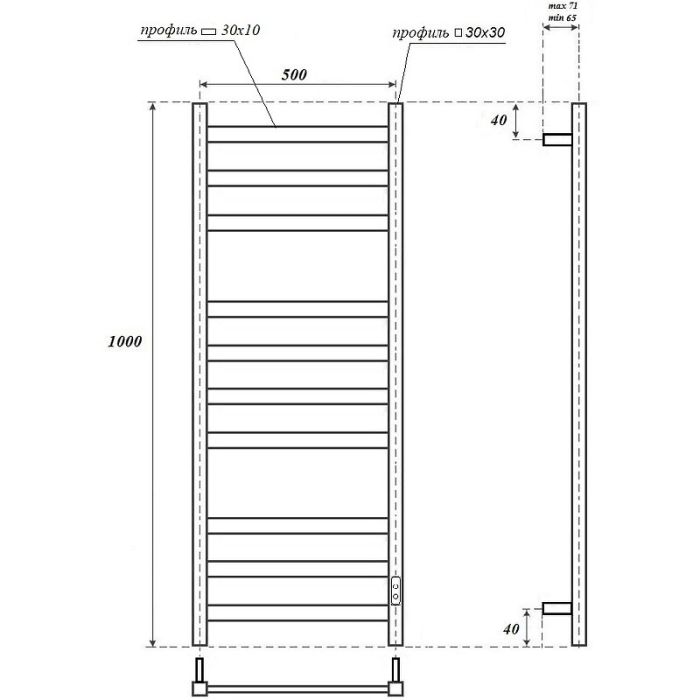 Электрический полотенцесушитель Point Меркурий PN83850W П10 500x1000 диммер справа Белый