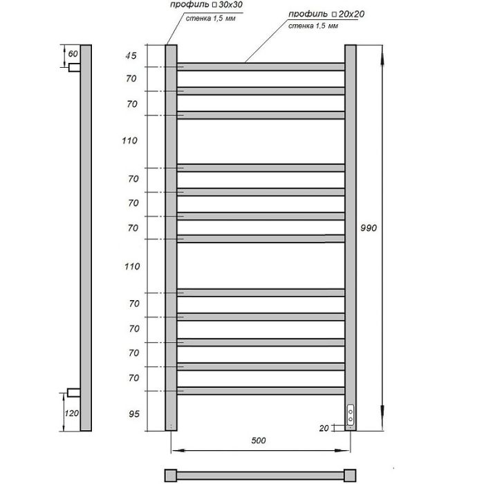 Электрический полотенцесушитель Point Вега PN71850 П12 500x1000 диммер справа Хром